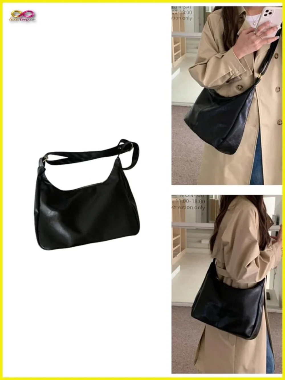 Soft PU Leather Crossbody Hobo Bag with Zipper - Slouchy Vintage Style